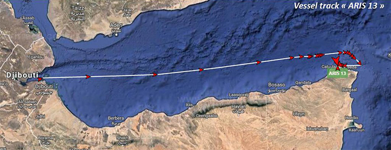 Vessel track of Aris 13 tanker from Djibouti to Mogadishu 