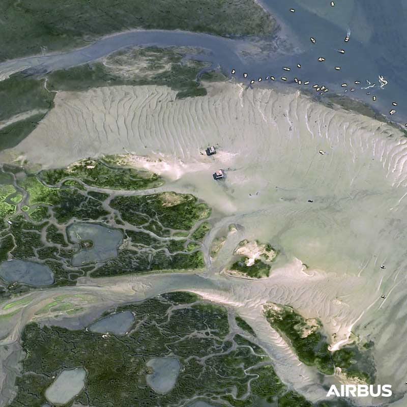 Lîle aux Oiseaux, Arcachon Bay area in France at 30cm resolution by Pléiades Neo 4 satellite, copyright Airbus DS 2021